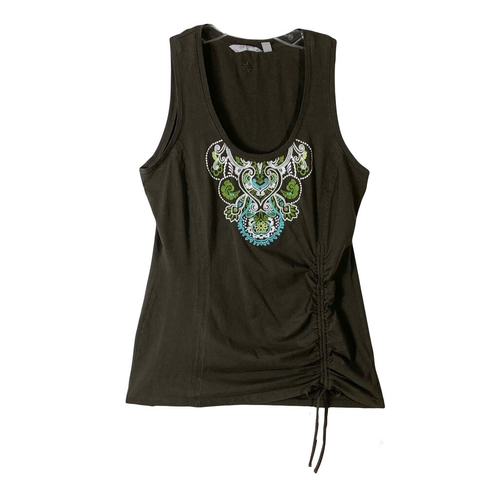 NWOT ATHLETA Top M Olive Green Lime Blue Embroidery Ruch-Bow-Adjust-String Cotto